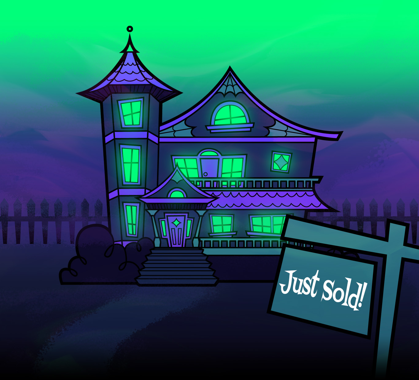 A haunted house with a just sold sign in the yard