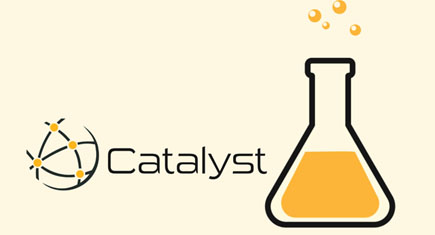 Catalyst logo on an off white background next to a beaker full of gold liquid