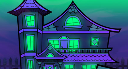 A haunted hosue with glowing green windows